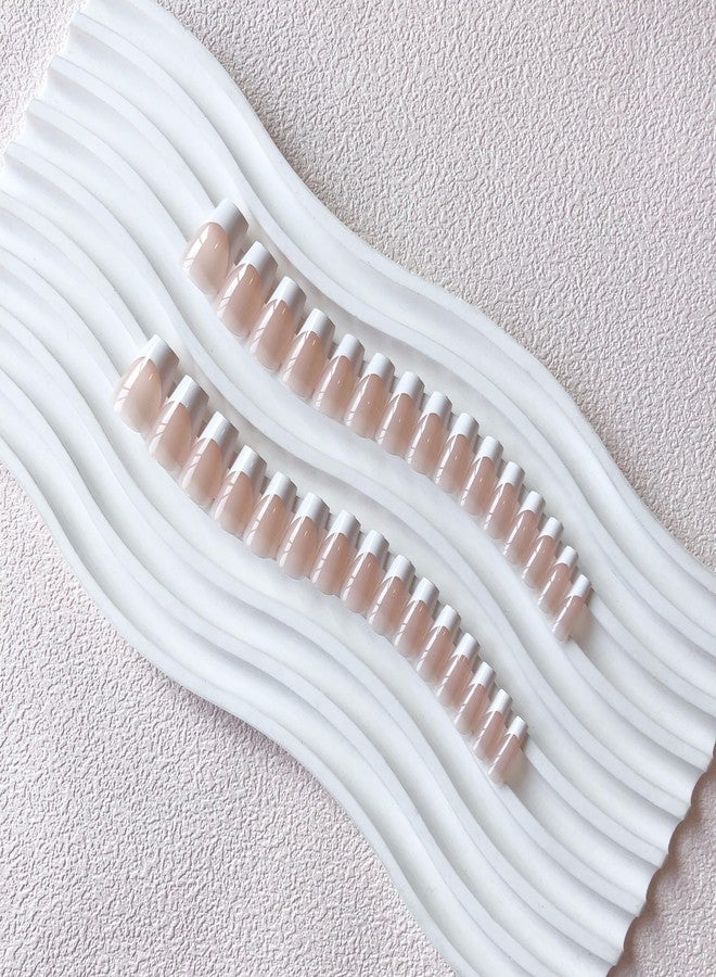 KQueenest White French Tip Press On Nails Medium, 30 Pcs Coffin Press On Nails with Glue, Glossy Soft Gel Fake Nails Press ons Short Ballerina, Reusable Natural Nude Glue on Nails for Women Weddings - Image 3